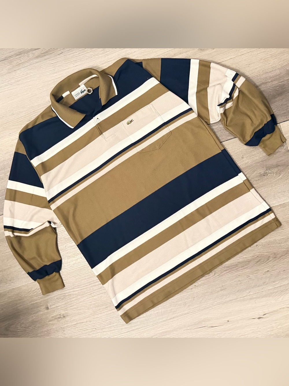 Vintage 90s Chemise Lacoste Men’s Striped Rugby Crewneck - Tan, Navy & White L